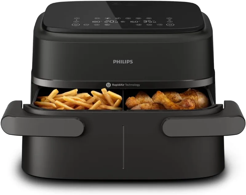 PHILIPS ▫️ Fritadeira Dual Basket Airfryer Série 1000 – 7,1 l de capacidade, tecnologia RapidAir, 10 funções num só aparelho, 90% menos gordura, design compacto, aplicação de receitas HomeID (NA154/00)