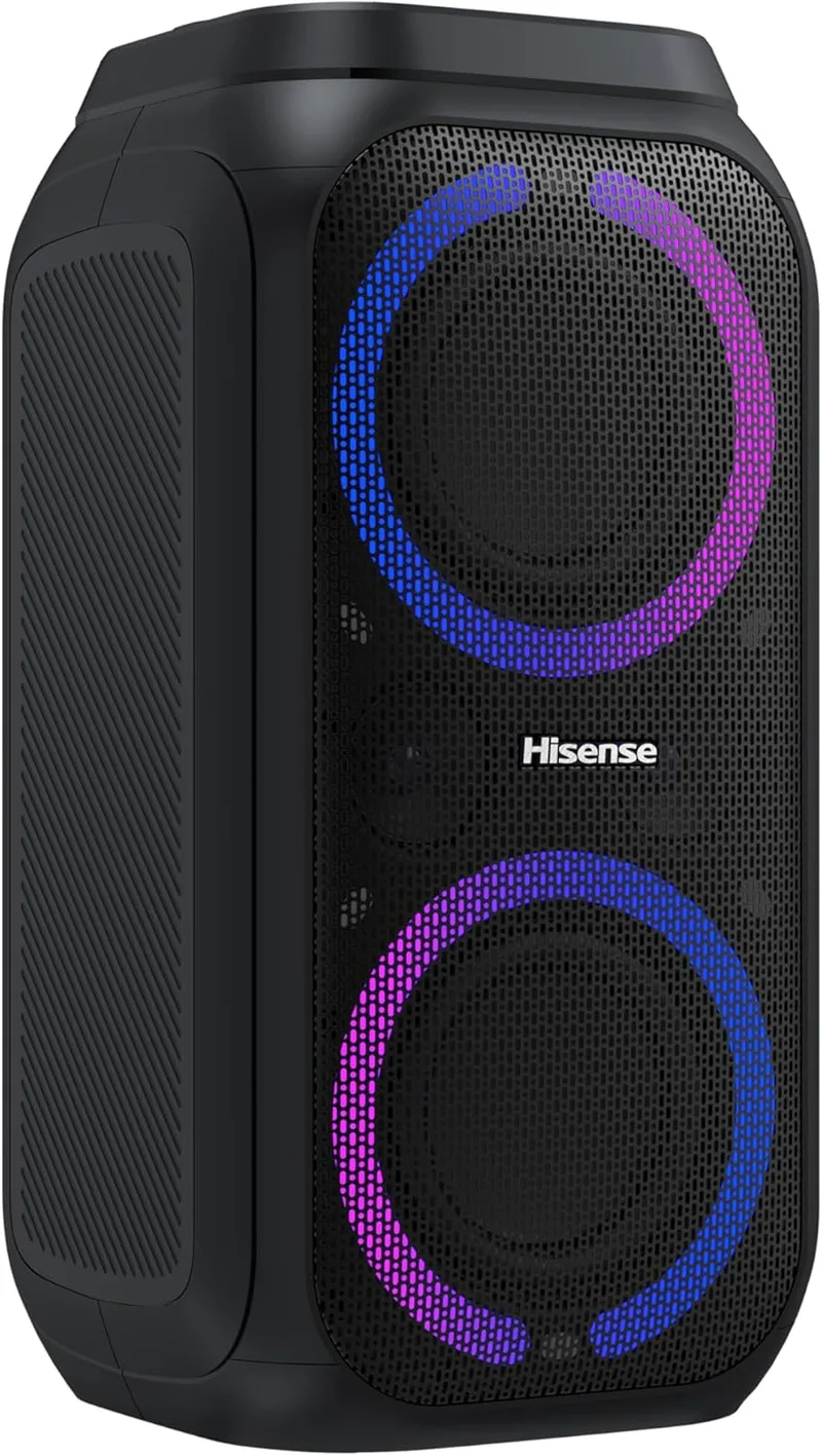 Hisense ▫️ HP160 Party Rocket - Altifalante portátil, modo de karaoke, 160 W, 5 efeitos de luz, até 12 horas de autonomia da bateria, modo duplo (2 altifalantes), Plug and Play, Bluetooth, AUX, USB, IPX4