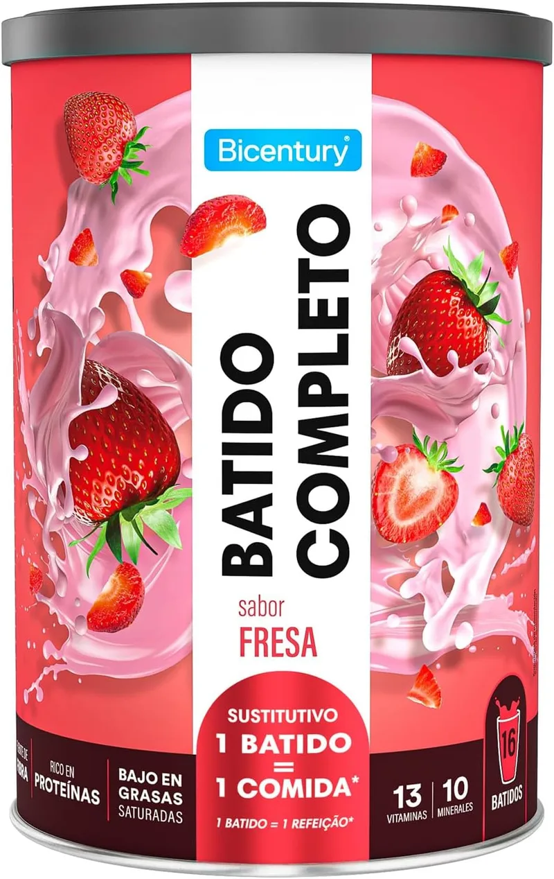 Bicentury ▫️ Batido Completo Substituto de Refeição, Sabor a Morango, Rico em Proteínas, Baixo em Gorduras, Um batido equivale a uma refeição completa, 436 g, 16 porções