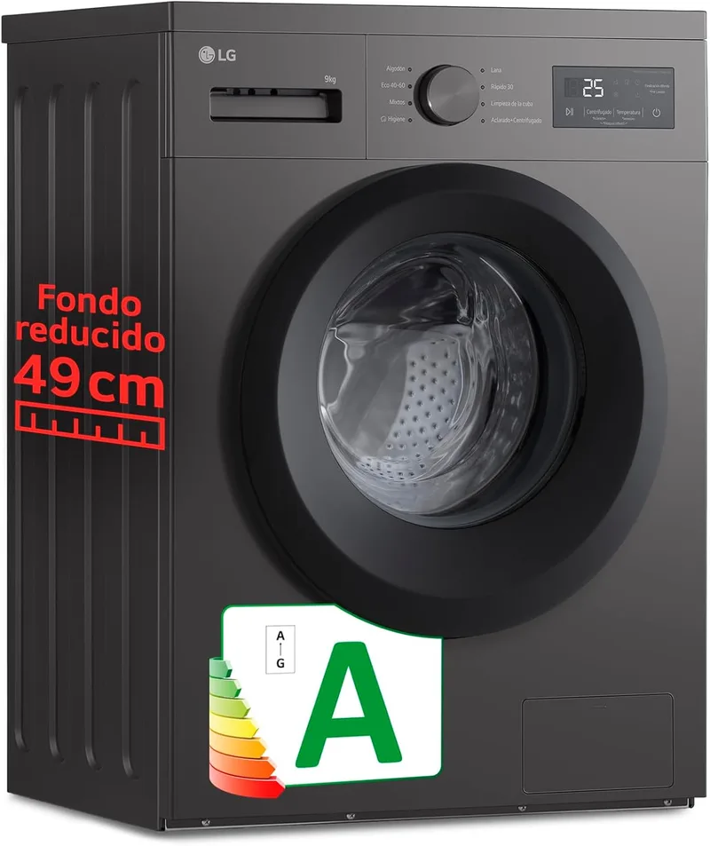 LG ▫️ F4A1009NDK - Máquina de lavar roupa, 9 kg, 1400 rpm, carregamento frontal, 8 programas, programa rápido e programa de lavagem à mão, fundo especial reduzido, ecrã LED, Série 100, cor grafite