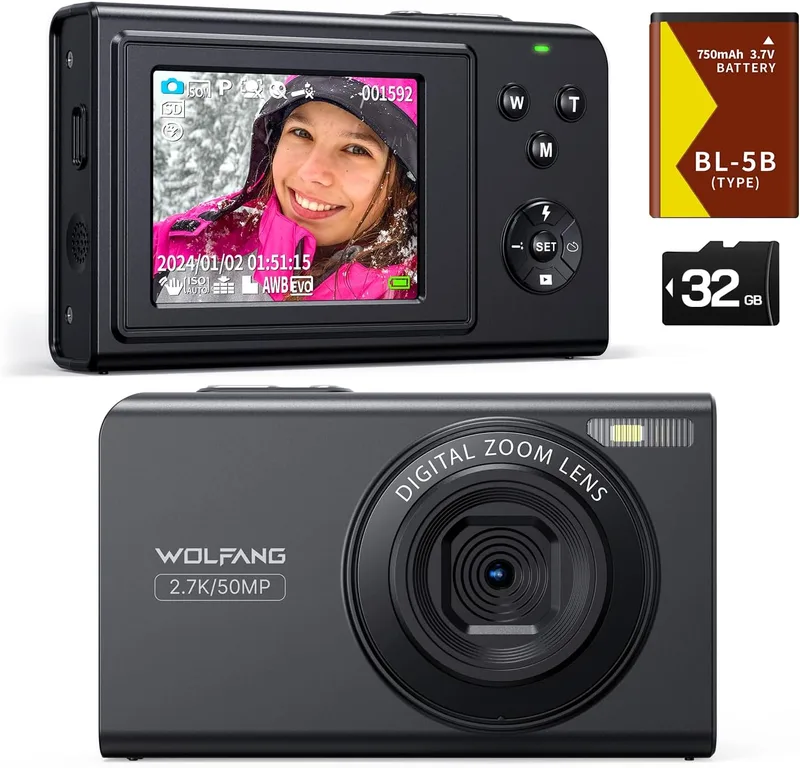 WOLFANG ▫️ Câmara digital câmara infantil 2.7K para fotografia, câmara compacta de 50 MP para vlogging, câmara de vídeo digital com zoom de 16 X, câmara digital com focagem automática e obturador, presente
