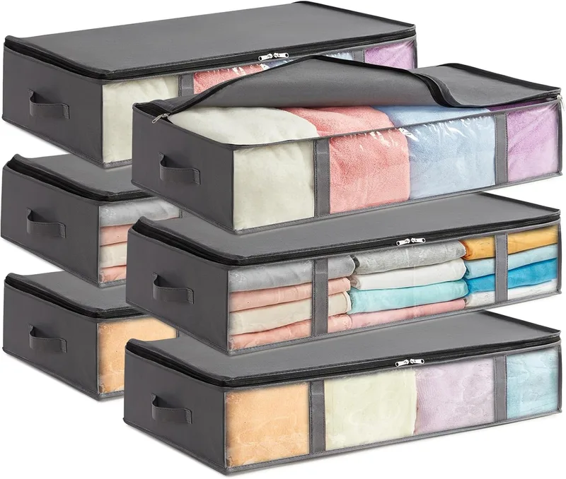 Lifewit ▫️ 6 Pcs 90L Sacos de Armazenamento Debaixo da Cama, Caixas de Armazenamento Debaixo da Cama com Janela Frontal Transparente, Organizador de Roupeiros para Toalhas, Cobertores, Cinzento
