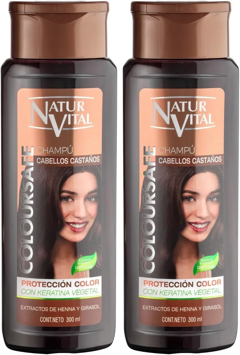 NaturVital ▫️ Champô Colorante ColourSafe para Cabelos Castanhos, Sem Parabenos nem Silicones, para Cabelo Pintado ou Natural, com Queratina Vegetal, Protege a Cor, 300 ml (Embalagem de 2)