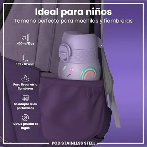 ion8 ▫️ Garrafa de Água em Aço Inoxidável Leve para Crianças, 400 ml, Sem isolamento térmico, à prova de fugas, fácil de abrir, fecho seguro, lavável na máquina de lavar louça, tampa rebatível, fácil de limpar, unicórnios, roxo 2