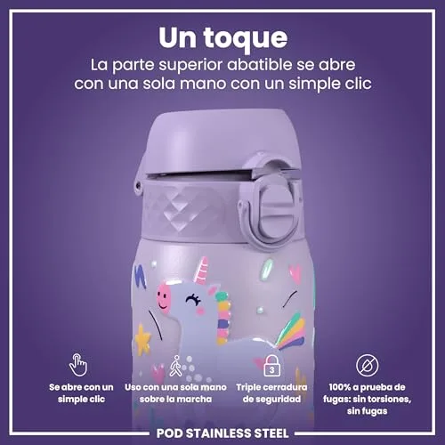 ion8 ▫️ Garrafa de Água em Aço Inoxidável Leve para Crianças, 400 ml, Sem isolamento térmico, à prova de fugas, fácil de abrir, fecho seguro, lavável na máquina de lavar louça, tampa rebatível, fácil de limpar, unicórnios, roxo 3