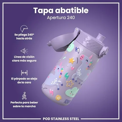 ion8 ▫️ Garrafa de Água em Aço Inoxidável Leve para Crianças, 400 ml, Sem isolamento térmico, à prova de fugas, fácil de abrir, fecho seguro, lavável na máquina de lavar louça, tampa rebatível, fácil de limpar, unicórnios, roxo 4