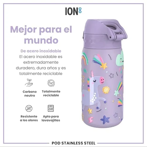 ion8 ▫️ Garrafa de Água em Aço Inoxidável Leve para Crianças, 400 ml, Sem isolamento térmico, à prova de fugas, fácil de abrir, fecho seguro, lavável na máquina de lavar louça, tampa rebatível, fácil de limpar, unicórnios, roxo 5