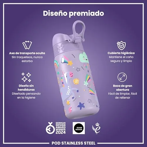 ion8 ▫️ Garrafa de Água em Aço Inoxidável Leve para Crianças, 400 ml, Sem isolamento térmico, à prova de fugas, fácil de abrir, fecho seguro, lavável na máquina de lavar louça, tampa rebatível, fácil de limpar, unicórnios, roxo 6