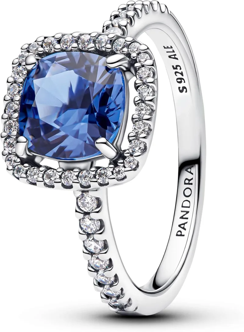 PANDORA ▫️ Anel para mulher em prata de lei Halo azul quadrado brilhante 193550C01