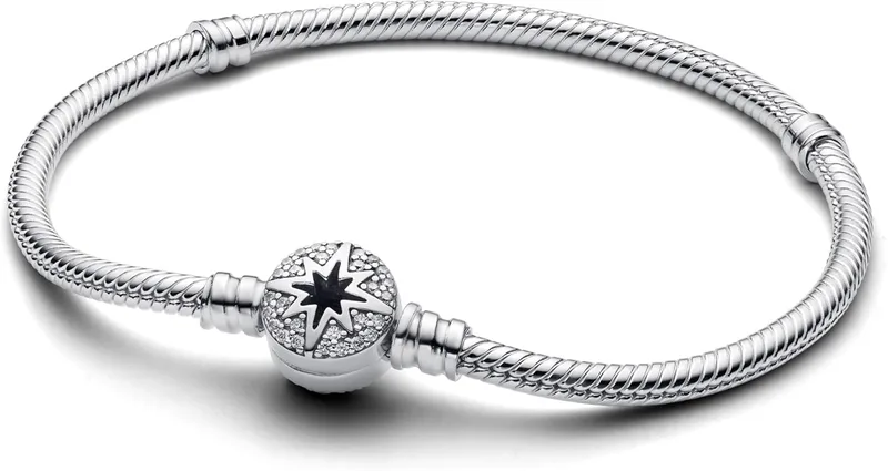 PANDORA ▫️ Moments 593584C01-17 - Pulseira com padrão de cobra e fecho em forma de estrela polar (prata de lei com zircónitas, compatível com contas Moments, tamanho: 17 cm), 17 cm, Prata de lei, Zircónita cúbica