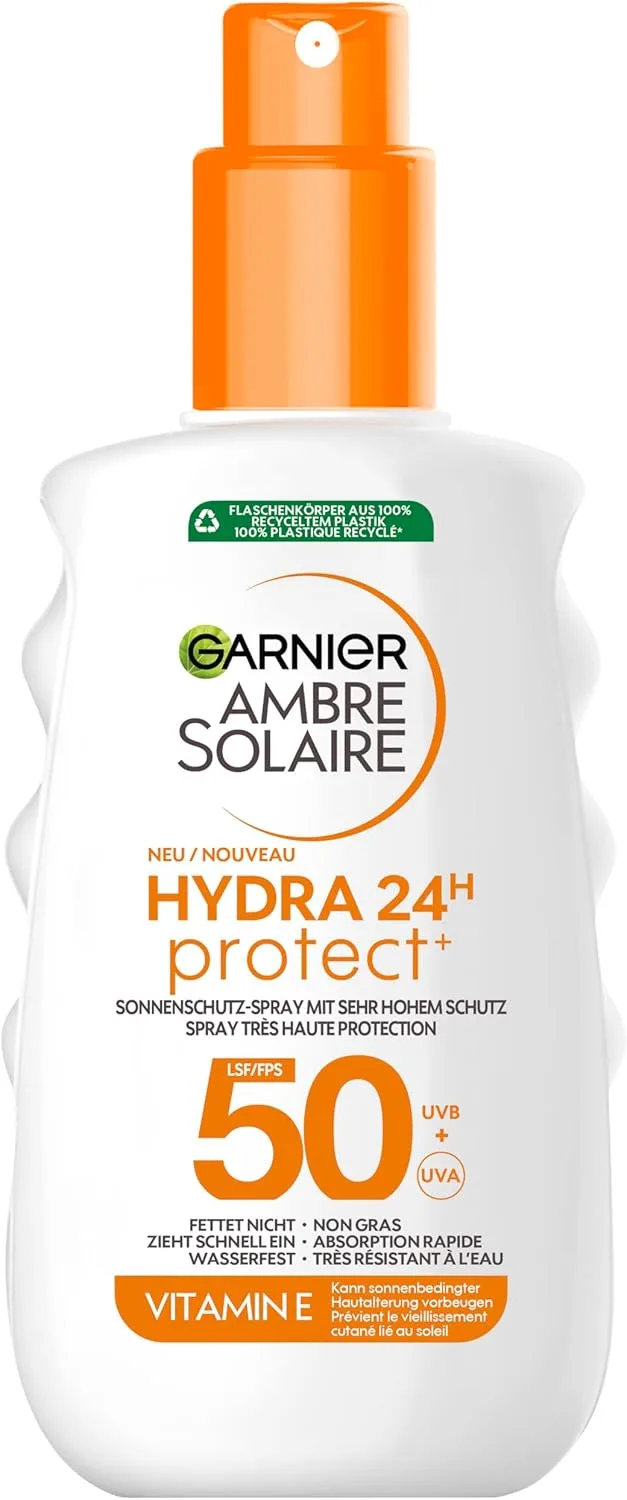 Garnier ▫️ Ambre Solaire Hydra Protect+ 24h SPF 50 - Spray de Proteção Solar UVA e UVB com Vitamina E, 150 ml