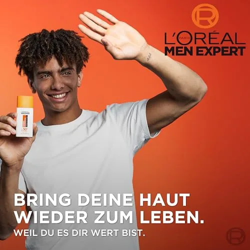 L'Oreal Paris Men Expert ▫️ L'Oréal Men Expert Protetor solar UV FPS 50 para homem, líquido invisível para o rosto contra os raios solares, protetor solar FPS 50+ antienvelhecimento com vitamina C, Hydra Energy, 1 x 2
