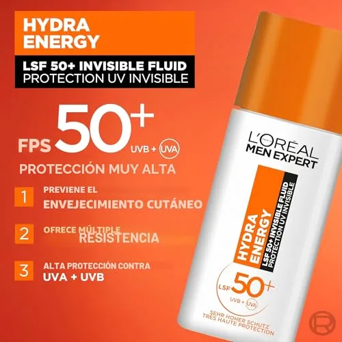 L'Oreal Paris Men Expert ▫️ L'Oréal Men Expert Protetor solar UV FPS 50 para homem, líquido invisível para o rosto contra os raios solares, protetor solar FPS 50+ antienvelhecimento com vitamina C, Hydra Energy, 1 x 3