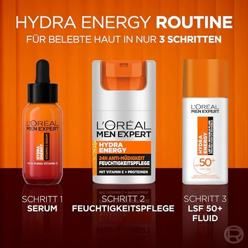 L'Oreal Paris Men Expert ▫️ L'Oréal Men Expert Protetor solar UV FPS 50 para homem, líquido invisível para o rosto contra os raios solares, protetor solar FPS 50+ antienvelhecimento com vitamina C, Hydra Energy, 1 x 6