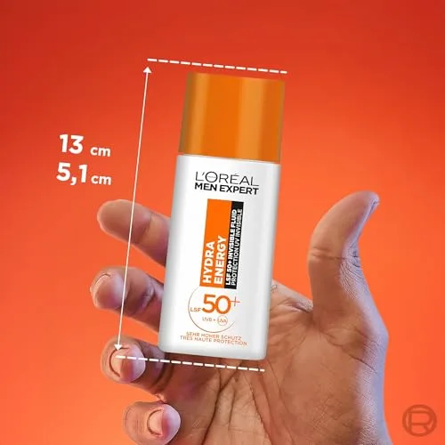 L'Oreal Paris Men Expert ▫️ L'Oréal Men Expert Protetor solar UV FPS 50 para homem, líquido invisível para o rosto contra os raios solares, protetor solar FPS 50+ antienvelhecimento com vitamina C, Hydra Energy, 1 x 7