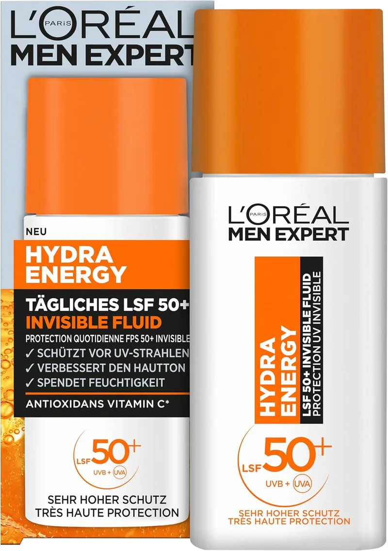 L'Oreal Paris Men Expert ▫️ L'Oréal Men Expert Protetor solar UV FPS 50 para homem, líquido invisível para o rosto contra os raios solares, protetor solar FPS 50+ antienvelhecimento com vitamina C, Hydra Energy, 1 x