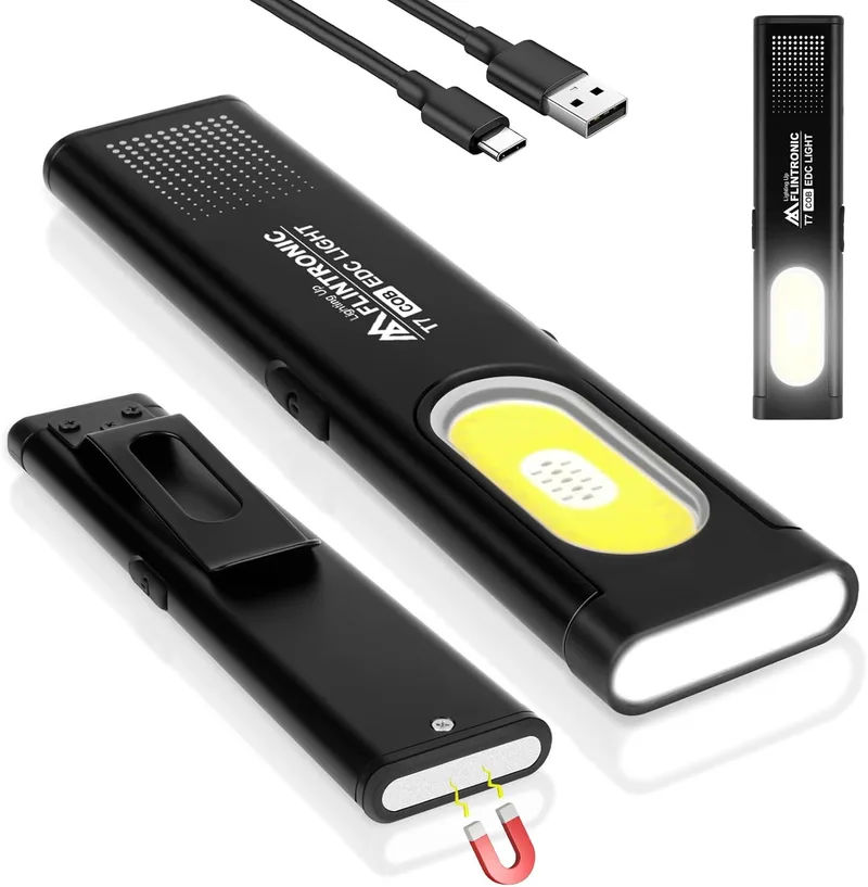 flintronic ▫️ lanterna LED recarregável lanterna de oficina COB recarregável, lanterna de oficina com base magnética e clipe, 450 lúmenes, 6 modos de iluminação, para emergência em acampamentos, preto