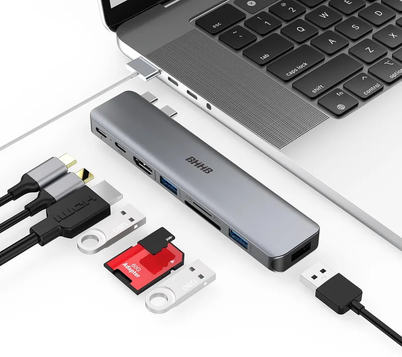 BHHB ▫️ Adaptador M81 Hub USB C para MacBook Pro Air Estação de ancoragem 8 em 2 Adaptador multiportas para Mac Book 4K@30Hz HDMI, Thunderbolt 4/3, USB 3.0, SD/TF Hub USBC Tipo C Dock para Mac M5 M4 M3 M2 M1