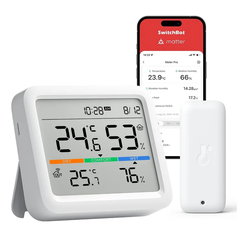 SwitchBot ▫️ Estação Meteorológica Bluetooth para Casa com Sensor Exterior Sem Fios, Monitor de Temperatura/Humidade com Data e Previsão Meteorológica, Bluetooth de 120 m, Arquivo de Dados Gratuito com Exportação