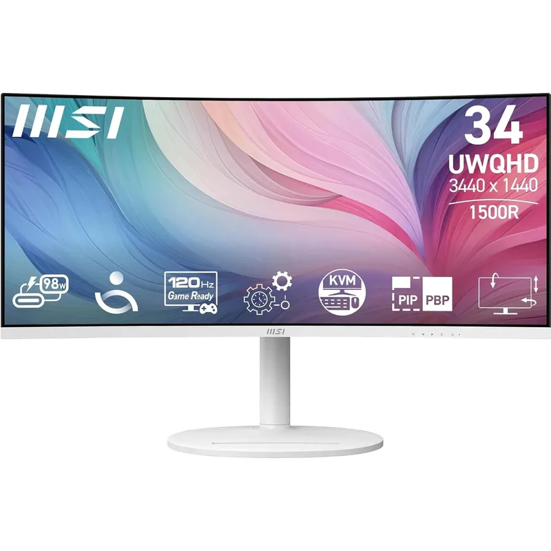 MSI ▫️ Monitor curvo Modern MD342CQPW de 34" UWQHD 1500R, Painel VA 3440 x 1440, 21:9, KVM, PIP/PBP, 120 Hz, 300 nits, antirreflexo, altifalantes integrados, ajustável em 3 direções, HDMI 2.0b