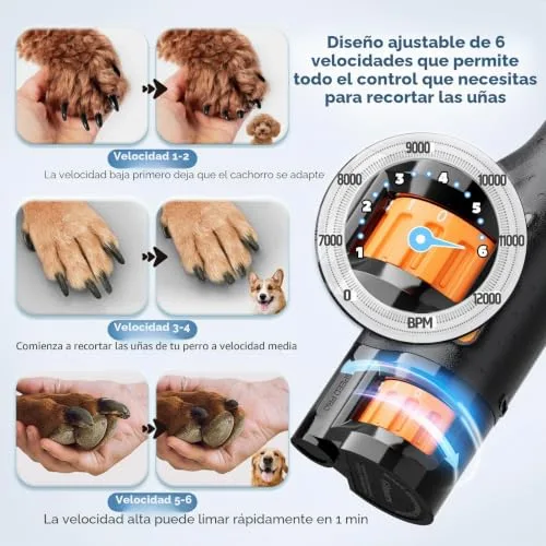Gimars ▫️ Lixa elétrica para unhas Lima para cães, cortador de unhas elétrico ajustável com 6 velocidades, cortador de unhas elétrico para cães com luz LED, lixa de unhas recarregável com 3 portas para cães, cor laranja 2