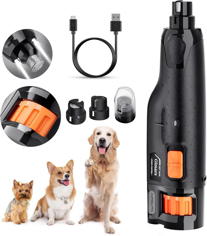 Gimars ▫️ Lixa elétrica para unhas de cães Lima, cortador de unhas elétrico ajustável com 6 velocidades, cortador de unhas elétrico para cães com luz LED, lixa de unhas recarregável com 3 portas para cães, cor laranja