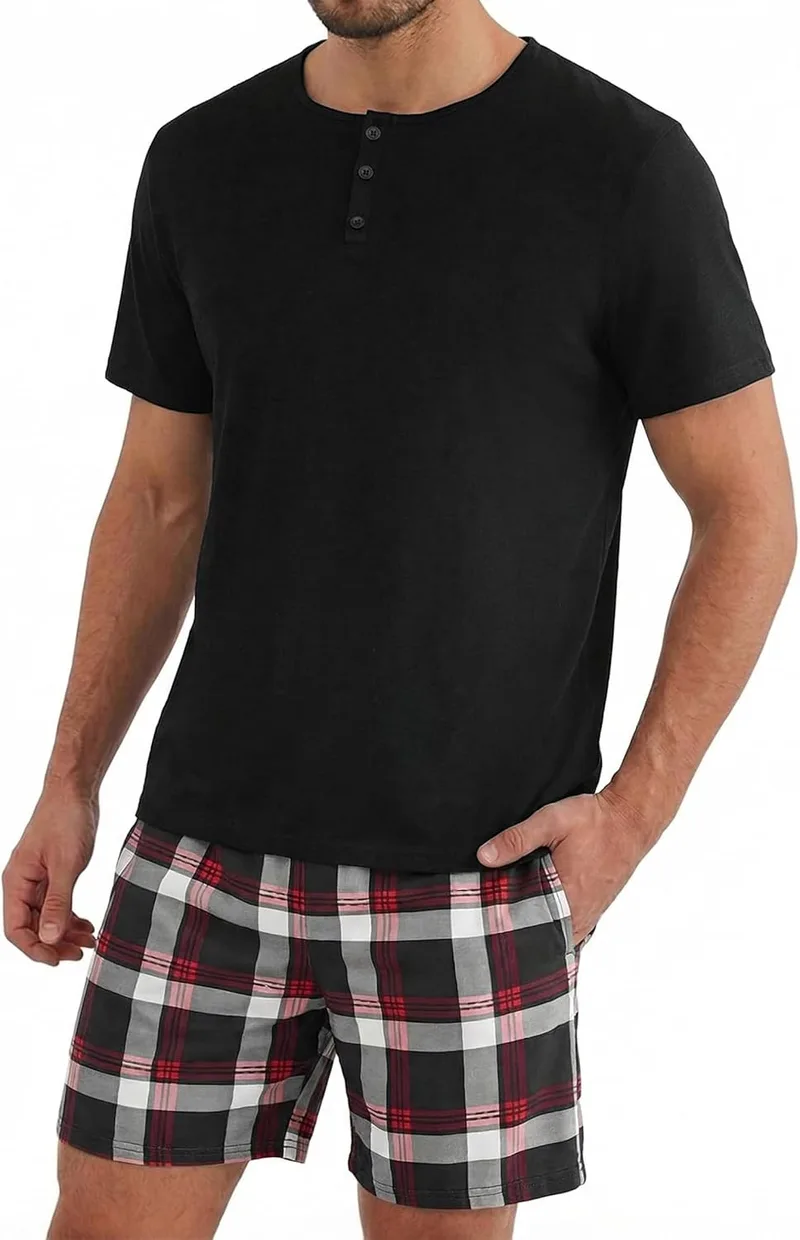Uniexcosm ▫️ Conjunto de pijama curto de verão para homem Conjunto de pijama de manga curta para homem 2 peças Roupa de dormir T-Shirts Calções e calções xadrez