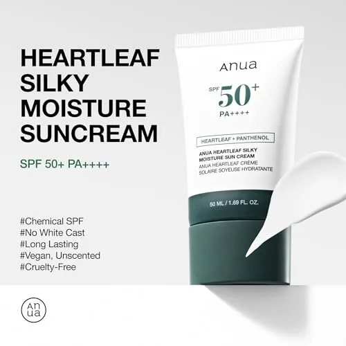 Anua ▫️ Heartleaf Silky Moisture creme solar FPS 50 PA++++, protetor solar para o rosto, base de maquilhagem, niacinamida, sem fragrância, essenciais de viagem, não deixa a pele esbranquiçada, cuidados de pele coreanos, 50 ml 3