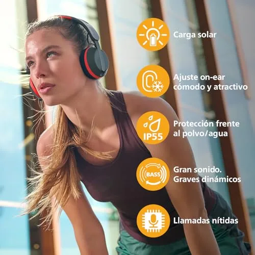 PHILIPS ▫️ TAA6219BK Auscultadores Bluetooth desportivos da Série 6000 com carregamento solar automático, autonomia de 80 horas, ideais para fazer exercício, correr e outros desportos - Preto e Vermelho 5