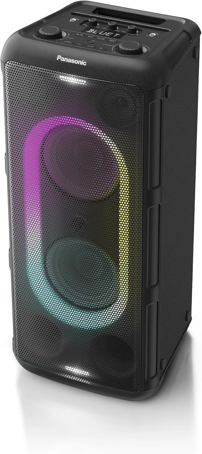Panasonic ▫️ SC-BMAX5E-K Altifalante portátil para festas com Bluetooth, luzes integradas, 75 W, USB, entrada ótica para TV, entradas para guitarra e microfone para karaoke, preto