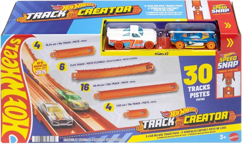 Hot Wheels ▫️ Conjunto de pistas Deluxe Track Creator com 2 veículos à escala 1/64, 7,5 metros de pistas Speed Snap de diferentes comprimentos e 2 adaptadores, JDW42