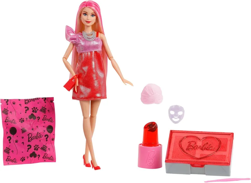 Barbie ▫️ Party Unboxed Série Glam Party Red Sparkle Boneca e acessórios com 10 surpresas, incluindo mudança de cor, JFY68