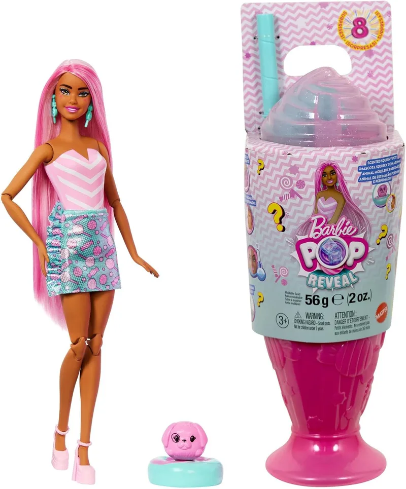 Barbie ▫️ Pop Reveal Coleção Doces - Boneca de Moda e Acessórios, com o tema Sweet Swirl, Mascote e 8 surpresas, inclui mudança de cor, JFY62
