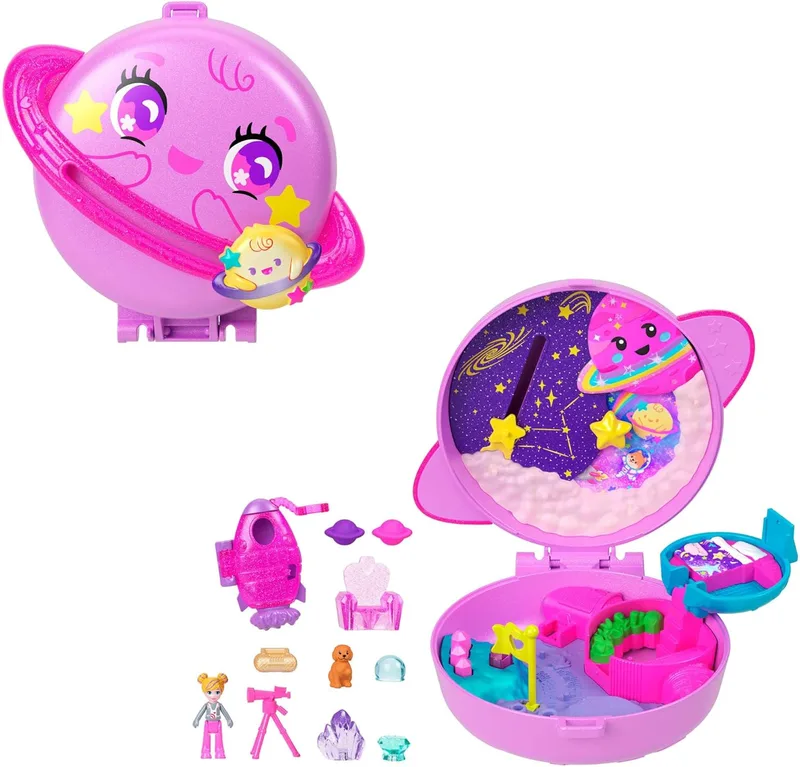 Polly Pocket ▫️ Estojo «Planeta Polly no Espaço» - Conjunto de brinquedo e boneca, brinquedo de viagem com uma boneca, um cachorrinho e acessórios temáticos, JCB18