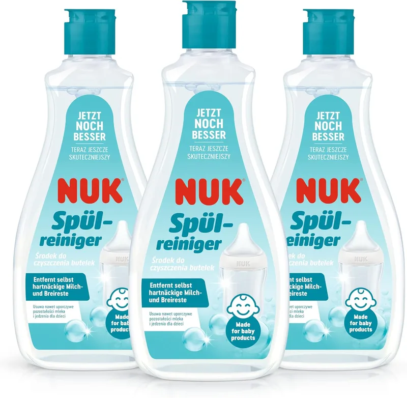 NUK ▫️ Detergente para biberões | 500 ml | Ideal para limpar biberões, tetinas e acessórios | Produto sem fragrâncias | pH neutro | Biberão 100 % reciclável | 3 unidades
