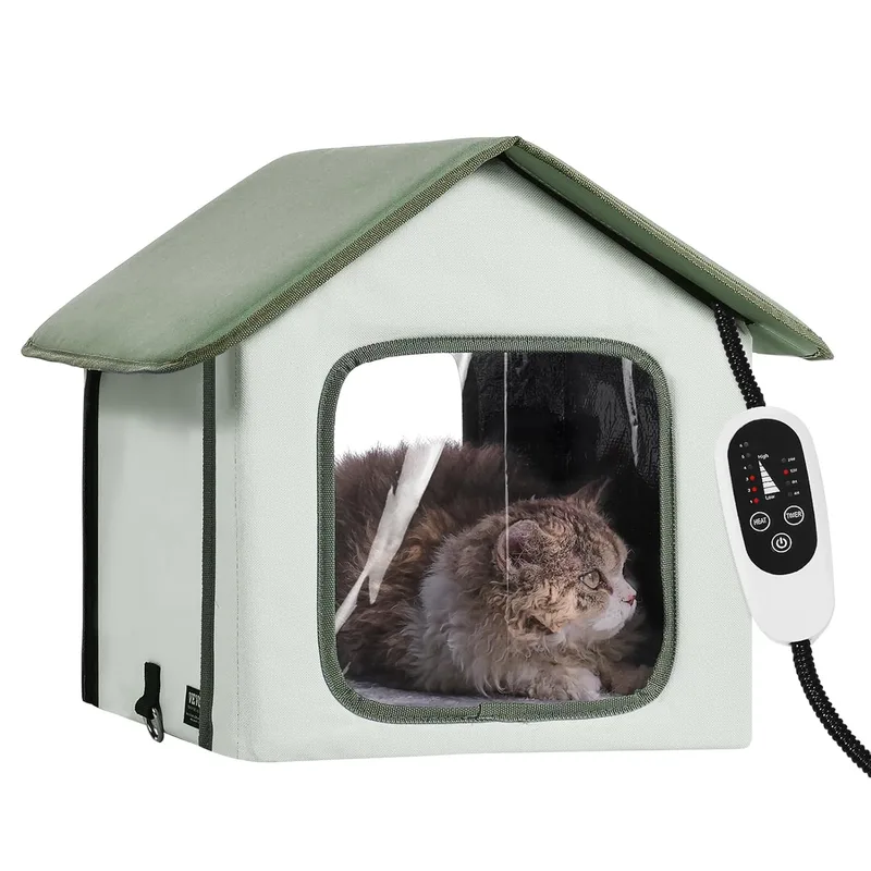 VEVOR ▫️ 35 x 34 x 40 cm Casa para gatos aquecida, abrigo para gatos dobrável para exterior em tecido Oxford 600D com almofada de aquecimento, temperatura ajustável e temporizador, verde (pequena)