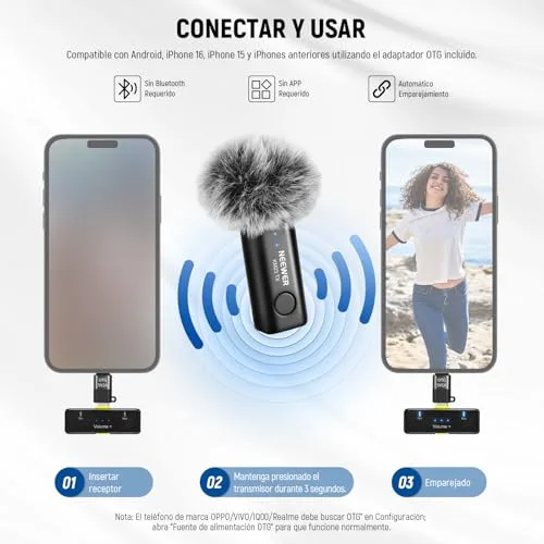 NEEWER ▫️ Lavalier - Sistema de microfone sem fios, 1 recetor USB-C com adaptador OTG e 1 transmissor de condensador omnidirecional com cancelamento de ruído, compatível com o iPhone 16 Pro Max e o S24 Ultra 5
