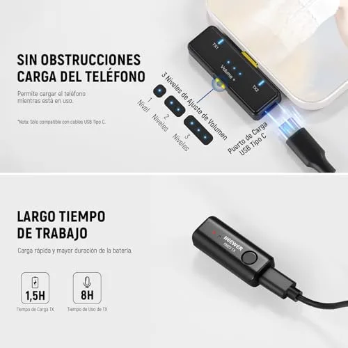 NEEWER ▫️ Lavalier - Sistema de microfone sem fios, 1 recetor USB-C com adaptador OTG e 1 transmissor de condensador omnidirecional com cancelamento de ruído, compatível com o iPhone 16 Pro Max e o S24 Ultra 6