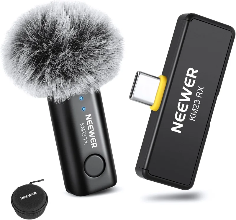 NEEWER ▫️ Lavalier - Sistema de microfone sem fios, 1 recetor USB-C com adaptador OTG e 1 transmissor de condensador omnidirecional com cancelamento de ruído, compatível com o iPhone 16 Pro Max e o S24 Ultra