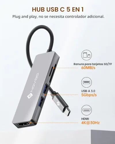 NOVOO ▫️ Hub USB-C 5 em 1, HDMI 4K, 2 portas USB, SD/TF 2