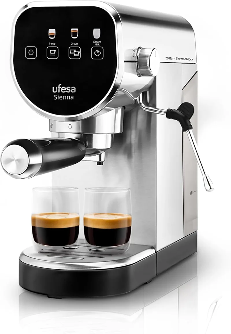 Ufesa ▫️ Cafeteira Expresso e Cappuccino Sienna, pressão 20 bar, painel tátil digital, 1360 W, vaporizador orientável, 0,9 L, 1 ou 2 cafés, função de aquecimento de chávenas, sistema Thermoblock, aço inoxidável