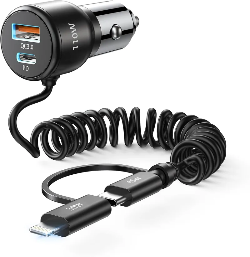 BHHB ▫️ Carregador de automóvel de carga rápida 110W Total USB C 65W&USB A 45W com cabo C & L de 5 pés para iPhone 16 15 15 14 13 12 11Pro MAX Mini Samsung S22 S21 Note Pixel iPad AirPods MacBook