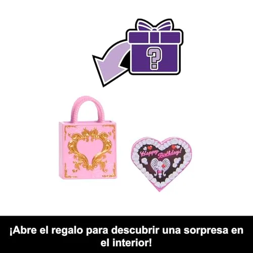 Monster High ▫️ Boneca Cumplespantos Cupid Asteria com vestido de festa rosa e vermelho e acessórios temáticos, como um convite, um balão, um presente, um leque e muito mais, JBG77 3