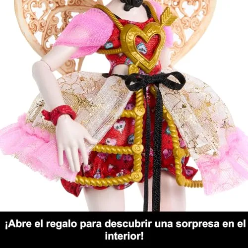 Monster High ▫️ Boneca Cumplespantos Cupid Asteria com vestido de festa rosa e vermelho e acessórios temáticos, como um convite, um balão, um presente, um leque e muito mais, JBG77 4