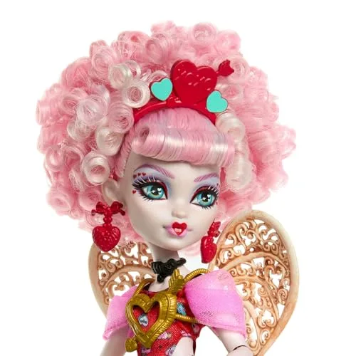 Monster High ▫️ Boneca Cumplespantos Cupid Asteria com vestido de festa rosa e vermelho e acessórios temáticos, como um convite, um balão, um presente, um leque e muito mais, JBG77 5