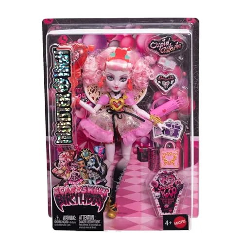 Monster High ▫️ Boneca Cumplespantos Cupid Asteria com vestido de festa rosa e vermelho e acessórios temáticos, como um convite, um balão, um presente, um leque e muito mais, JBG77 6