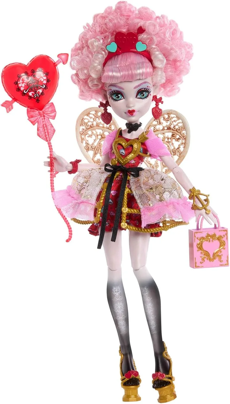 Monster High ▫️ Boneca Cumplespantos Cupid Asteria com vestido de festa rosa e vermelho e acessórios temáticos, como um convite, um balão, um presente, um leque e muito mais, JBG77