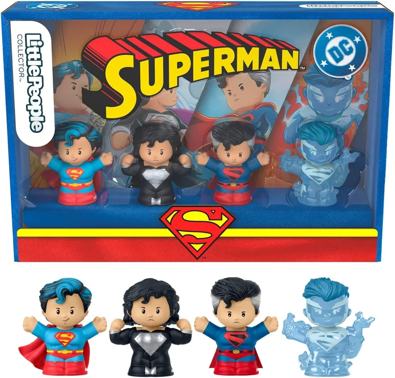 Little People COLLECTOR ▫️ Superman Through the Ages Conjunto de edição especial para adultos e fãs, inclui 4 figuras e uma caixa decorativa, JFD63