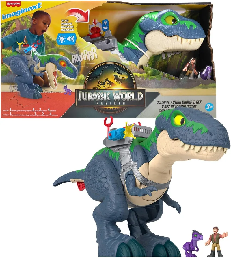 Fisher-Price ▫️ Imaginext Jurassic World Rebirth T. Rex Bites and Action Play Set, dinossauro de brinquedo de 45,72 cm com luzes, sons, movimento e 2 figuras de ação de 7,62 cm, JGR40