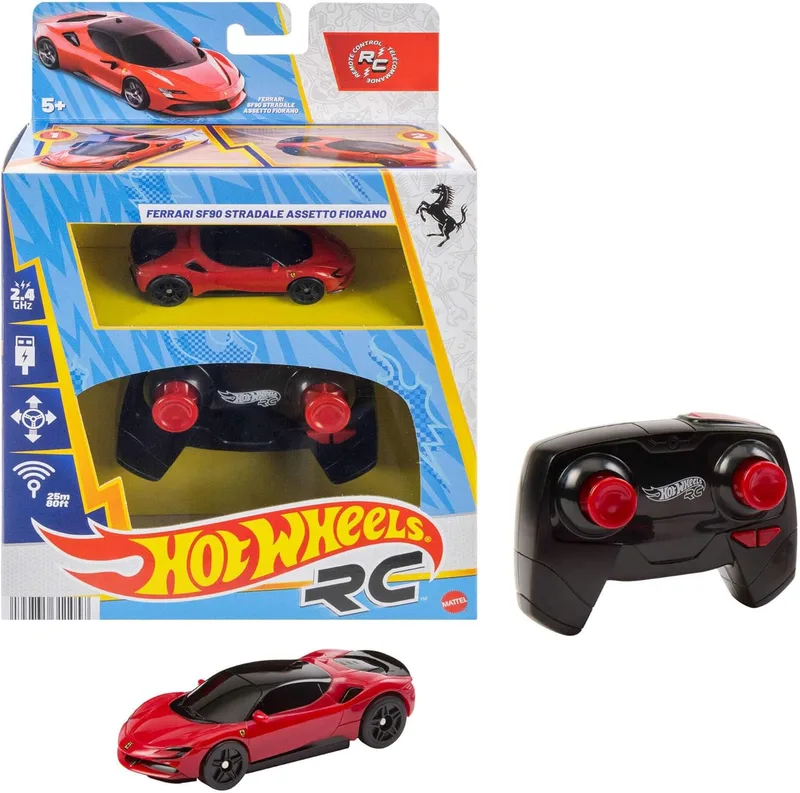 Hot Wheels ▫️ RC Ferrari SF90 Stradale Assetto Fiorano Carro de brincar telecomandado à escala 1:64, funciona dentro e fora da pista, botão de aceleração para aumentar a velocidade, JGD09